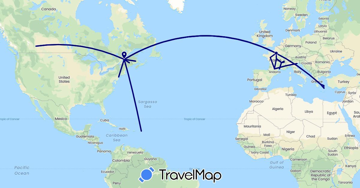 TravelMap itinerary: driving in Canada, Switzerland, France, Greece, Italy, Netherlands, United States (Europe, North America)